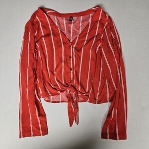 H&M Small Red‎ Striped Button-Up Tie Front Top